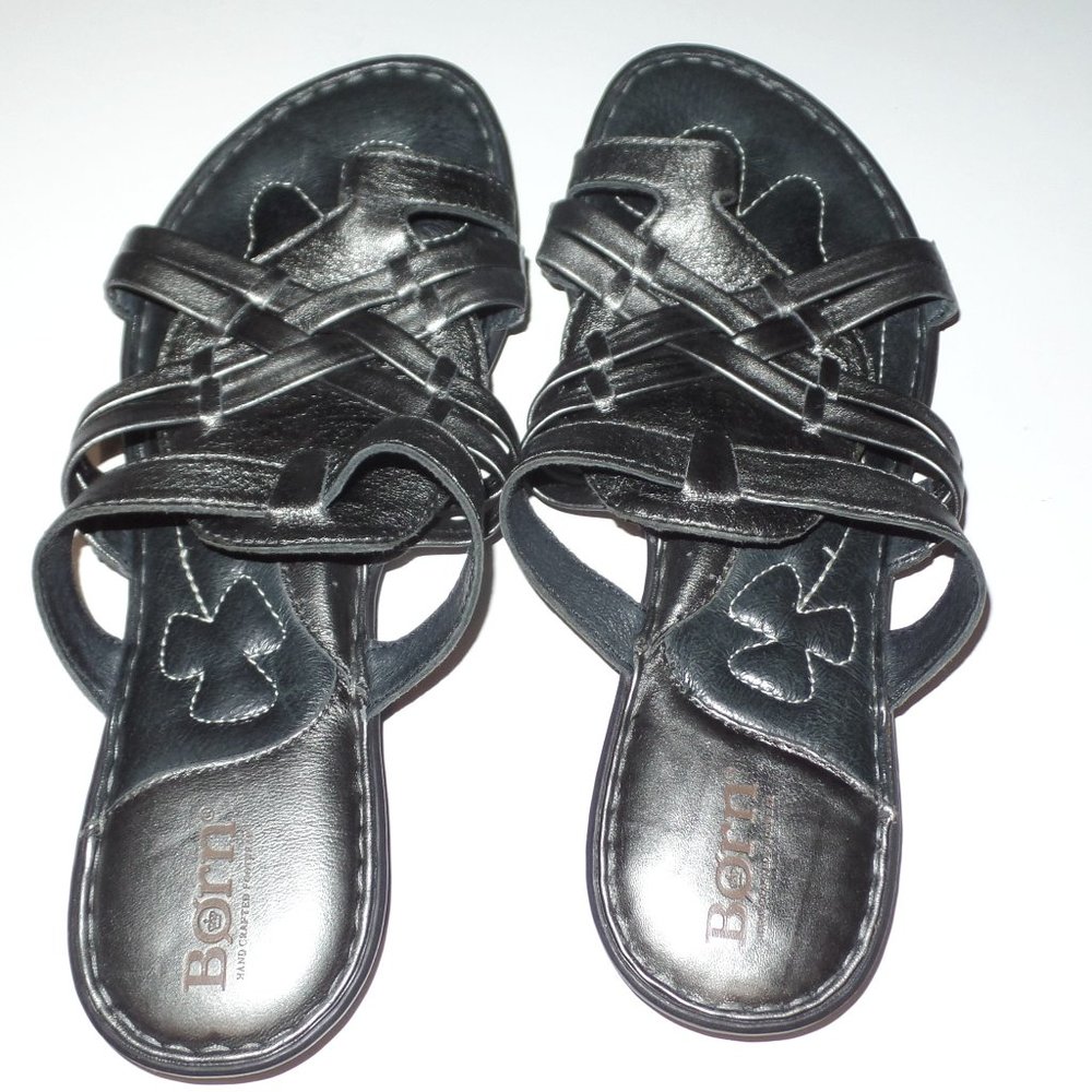 Born Black & Metallic Pewter Slip-on Sandals 8/39